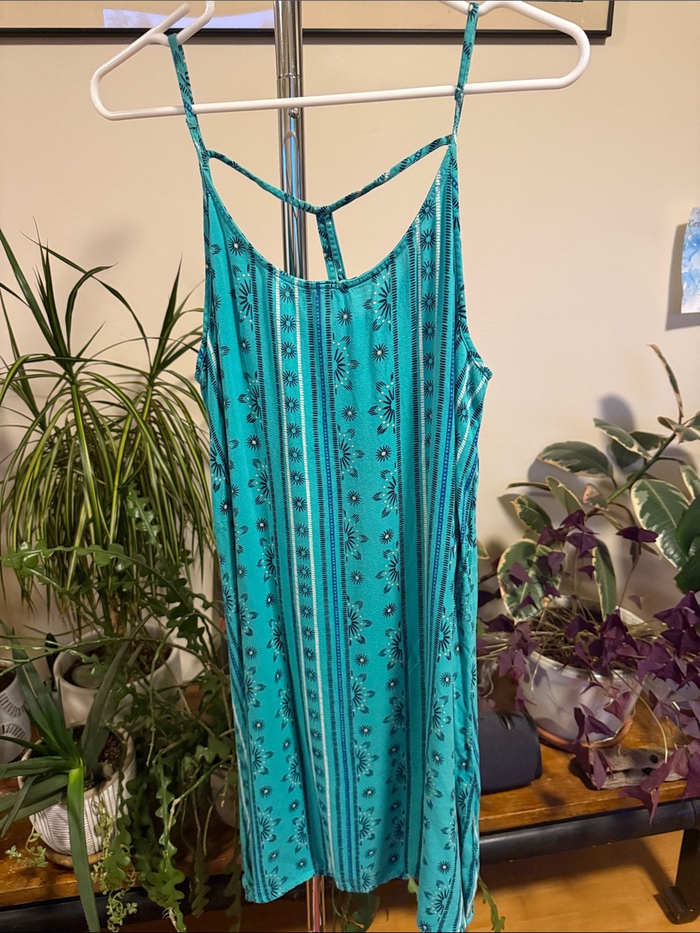 SO Turquoise Floral-Stripe Spaghetti Strap Dress